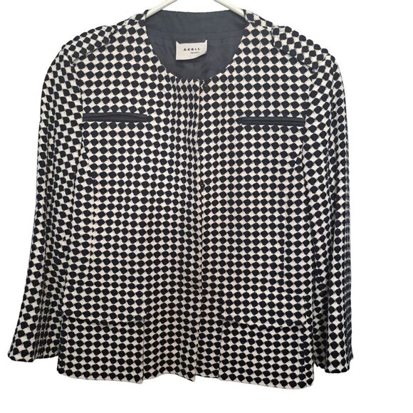 Akris Punto Wool Blend Blue & White Geo Print Zip Career Wear to Work Blazer - Picture 1 of 6